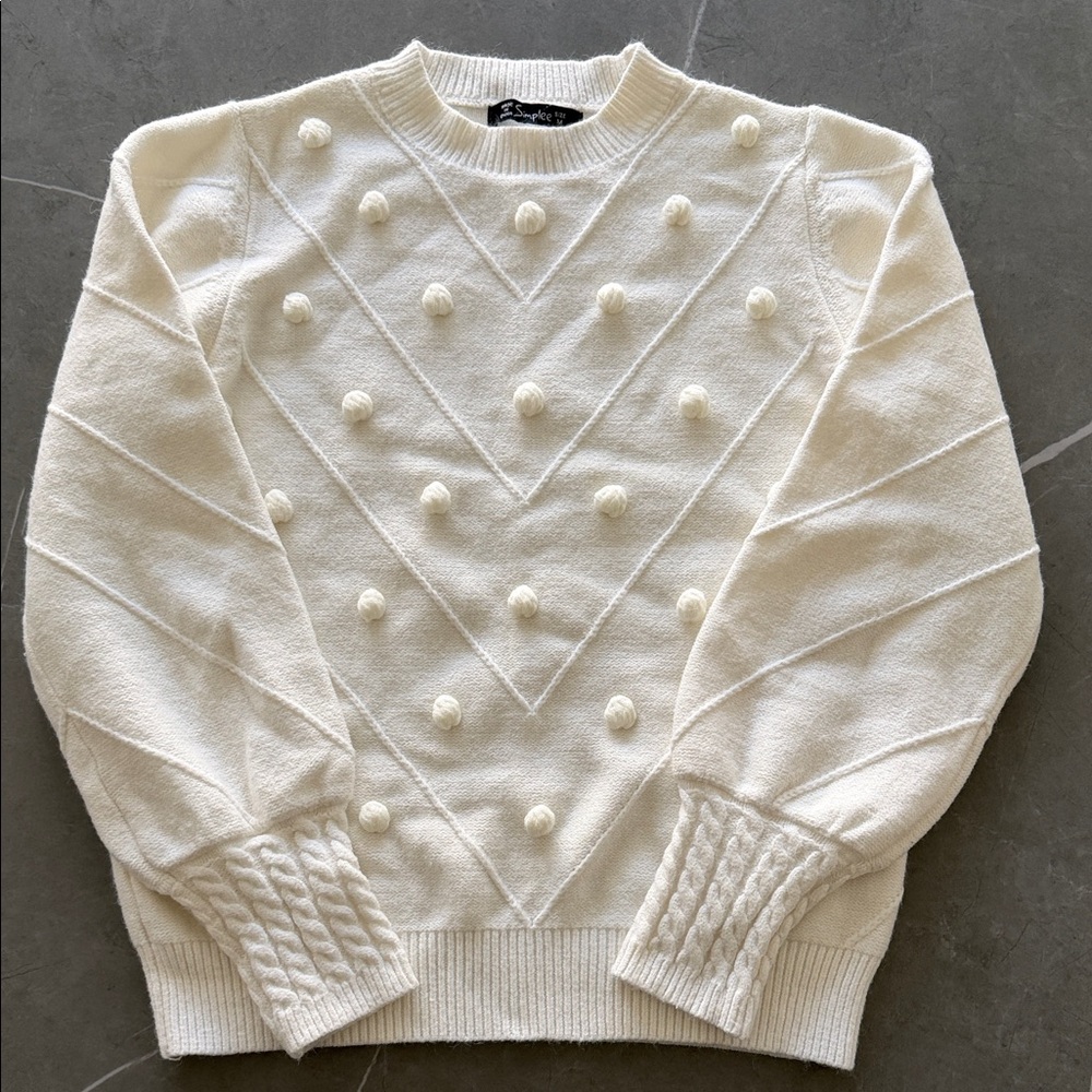 Simplee Cream Sweater with Pom Pom Design
